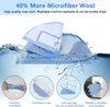 Mop cloths being submerged in water, with close-up insets showing material, continuous use, softness, and machine washability. Produktbild-Vorschau