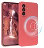 A red smartphone case with a magnetic charging ring is shown next to a smartphone displaying a canyon landscape. Produktbild-Vorschau