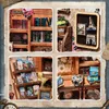 A collage of four images showing miniature bookshop scenes, including bookshelves, books, decorative items, and a camera. Náhled obrázku produktu