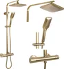 A set of gold-colored shower fixtures, including a rainfall showerhead, a handheld showerhead, and a thermostatic mixer valve, displayed against a white background. Produktbild-Vorschau
