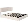 A beige upholstered bed frame with a slatted base and a tufted headboard, shown from a side-angle against a white background. Podgląd zdjęcia produktu