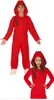 Two children wearing red jumpsuits with hoods and a black zipper detail on the chest, posing against a white background. Náhled obrázku produktu