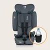 A gray child car seat with a bottle in a cup holder shown in a circular overlay. Voir les images du produit