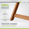 Close-up of wooden furniture legs with marketing text and icons. Produktbild-Vorschau