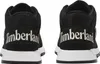 A rear view of two black Timberland Sprint Trekker Mid shoes with white soles and white Timberland branding on the heel. Voir les images du produit