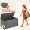 A woman walks past a large grey storage box, carrying a cushion. The box is open, and a close-up of its corner is shown in a circle with text. Produktbild-Vorschau