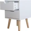 A white nightstand with two drawers and wooden legs, shown against a white background. Produktbild-Vorschau