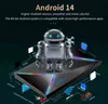 A marketing image for an Android TV box, featuring a robot graphic and text highlighting features. Podgląd zdjęcia produktu
