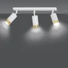 A white track light fixture with three adjustable spotlights, each with a white cylinder and a gold accent at the bottom, mounted on a white bar against a gray background. Podgląd zdjęcia produktu