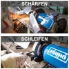 Two images showing a Scheppach double grinder in use. The top image shows sharpening, and the bottom image shows grinding. Produktbild-Vorschau