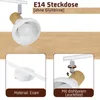 A product image showing a white ceiling spotlight with a wooden accent, presented with close-up views of its material and adjustable features. Produktbild-Vorschau