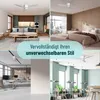 A collage of four different room settings, each featuring a white ceiling fan. The rooms include a modern living room/kitchen, a bedroom with a city view, an office space, and a dining area. Produktbild-Vorschau