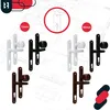 A collage of door handles in different colors and sizes, with technical drawings in the background. Podgląd zdjęcia produktu