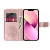 A rose gold colored phone case with a mandala design, open to reveal a phone, a credit card, and some US dollar bills. Produktbild-Vorschau