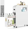 A white bathroom storage cabinet with pull-out drawers and a top shelf displaying various toiletries and cosmetic items. Náhľad obrázku produktu