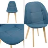 A collage of four images showing different views of a blue fabric dining chair with wooden legs. Produktbild-Vorschau