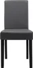A front view of a dark gray upholstered dining chair with black wooden legs, presented on a white background. Náhled obrázku produktu