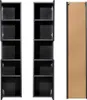 Three tall, narrow black cabinets are shown against a white background. Two cabinets are side-by-side with their doors open, revealing empty shelves. The third cabinet is shown from the back, also with its doors open. Produktbild-Vorschau