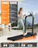 A woman is running on a treadmill in a modern setting with a scenic mountain view in the background. Text overlays provide product specifications and features. Produktbild-Vorschau