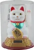 A white Maneki-neko (lucky cat) figurine with a solar panel on its base, displayed inside a clear plastic cylinder. Produktbild-Vorschau