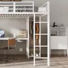 A bedroom scene featuring a loft bed with a desk and wardrobe underneath, a chair, and a small cabinet. Voir les images du produit