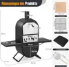A diagram showing the dimensions of a pizza oven and its accessories. Produktbild-Vorschau