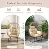 A collage showing a rattan hanging chair in two different settings: indoors and outdoors, with text overlays indicating its versatility. Produktbild-Vorschau