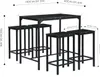 A diagram showing the dimensions of a dining set, including a table and four stools. Náhled obrázku produktu