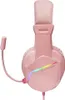 A pink gaming headset with a microphone and RGB lighting. Produktbild-Vorschau