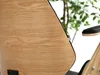 Close-up of a wooden chair with a black seat, with greenery in the background. Voir les images du produit