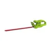 A green hedge trimmer with a red blade is shown against a white background. Náhled obrázku produktu