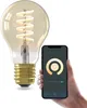 A hand holds a smartphone displaying a smart bulb app next to a Calex smart LED bulb. Produktbild-Vorschau