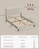A diagram showing the dimensions and size options for a bed frame, with a table detailing frame and mattress sizes. Produktbild-Vorschau