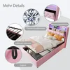 A pink upholstered bed with various features highlighted by callouts and text. Náhled obrázku produktu