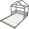 A grey wooden house bed frame with a slatted base, shown from a diagonal angle against a white background. Produktbild-Vorschau