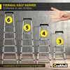 Four stepladders of different sizes are displayed in front of a textured wall. A hand is shown in the upper right corner, indicating a count of four fingers. Text overlays provide product information and branding. Produktbild-Vorschau
