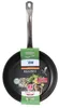 A black frying pan with a silver handle, displayed against a white background. The pan has a green label attached to it with product information and branding. Produktbild-Vorschau