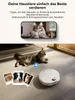 Collage featuring a smartphone screen showing a cat, a cat lying on the floor, and three small polaroid-style photos of pets, with a white robot vacuum cleaner in the foreground. Produktbild-Vorschau