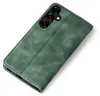 A green flip cover phone case is shown at an angle on a white background. Produktbild-Vorschau