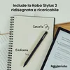A Kobo Stylus 2 is shown on an open notebook next to an e-reader. Produktbild-Vorschau