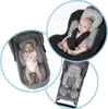 A collage of three images showing a baby in different baby transport items, all featuring a grey headrest and support cushion. Produktbild-Vorschau