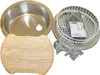 A stainless steel sink, a wooden cutting board, and a wire basket with accessories are laid out on a white background. Produktbild-Vorschau