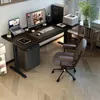 A modern home office setup with a height-adjustable desk, computer, laptop, and chair. Podgląd zdjęcia produktu