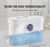 A white wastewater pump with blue water inside, set against a blurred bathroom background. Voir les images du produit