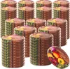 A stack of round metal lids with a wood grain and vegetable pattern, with one lid in the foreground showing a close-up of the pattern. Voir les images du produit