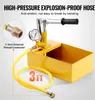 A yellow pressure testing pump with a gauge and a yellow hose, with text overlays describing its features. Anteprima dell’immagine prodotto