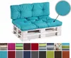 A turquoise pallet sofa cushion set on a white wooden pallet base, with a close-up inset of the fabric texture. Below are swatches of various available colors and patterns. Voir les images du produit