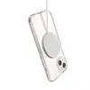 A clear shot of an iPhone 13 Mini with a transparent MagSafe case attached, suspended by its charging cable against a white background. Produktbild-Vorschau
