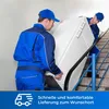 Two movers carrying a large white appliance up a staircase. Produktbild-Vorschau