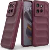 Three views of a burgundy phone case, one with a phone inside, against a white background. Produktbild-Vorschau